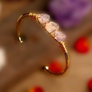 Natural Stone 3 Pink Stones Gold Cuff Bracelet *Handmade*